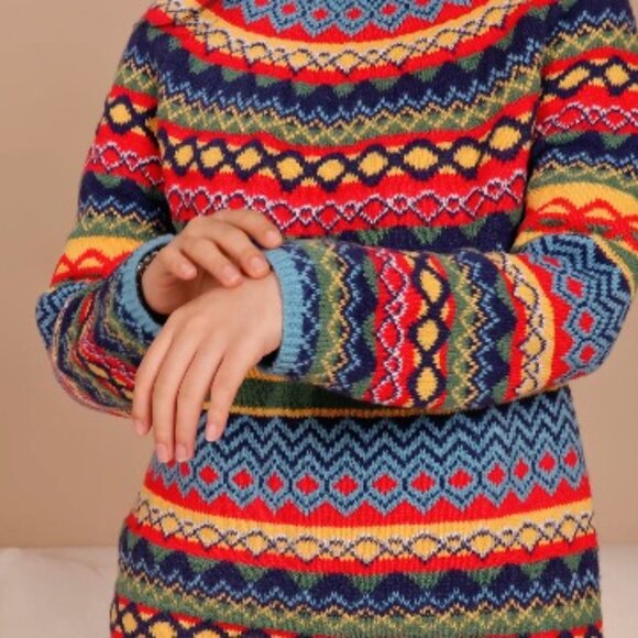 Fair Isle Knit Retro Sweater Crewneck Long Sleeve Multicolor Medium - Picture 5 of 5